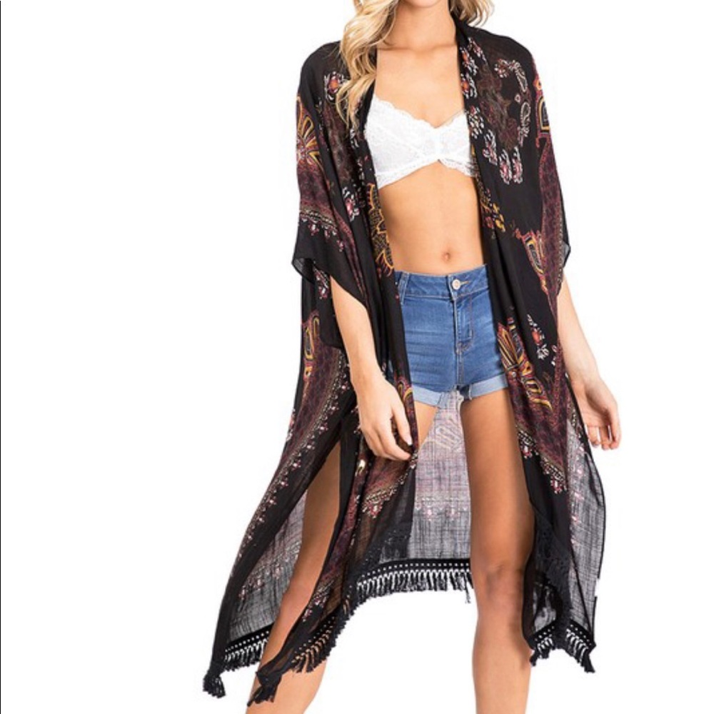 Boho Chic Black floral Kimono Cover Up